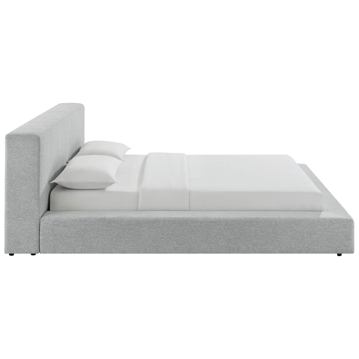 Streamlined platform bed with floor-hugging profile and soft chenille upholstery. || MOD-7305-HLG || side_studio