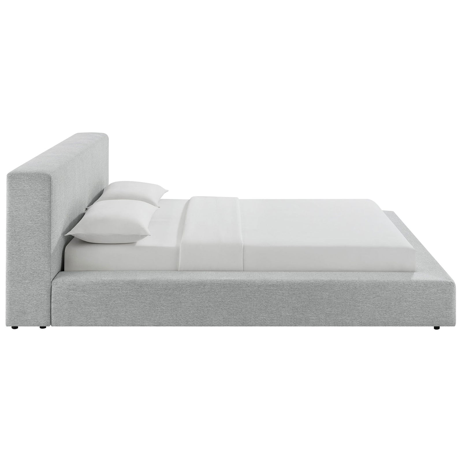 Streamlined platform bed with floor-hugging profile and soft chenille upholstery. || MOD-7305-HLG || side_studio