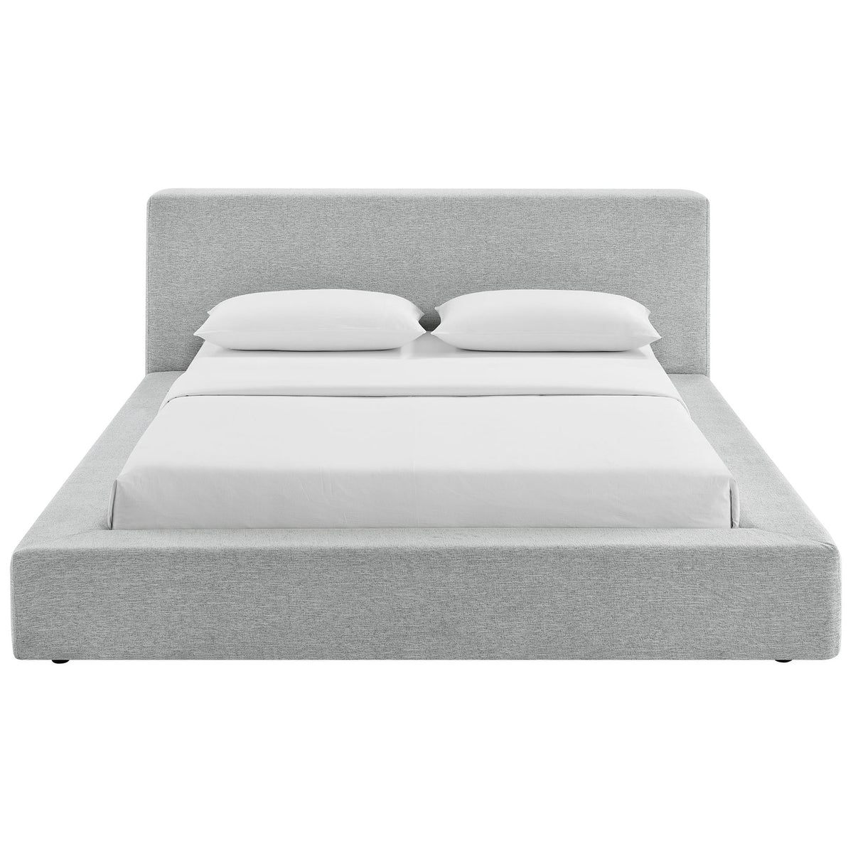 Modern chenille bed with plush headboard and wide padded base that frames the mattress. || MOD-7305-HLG || front_studio
