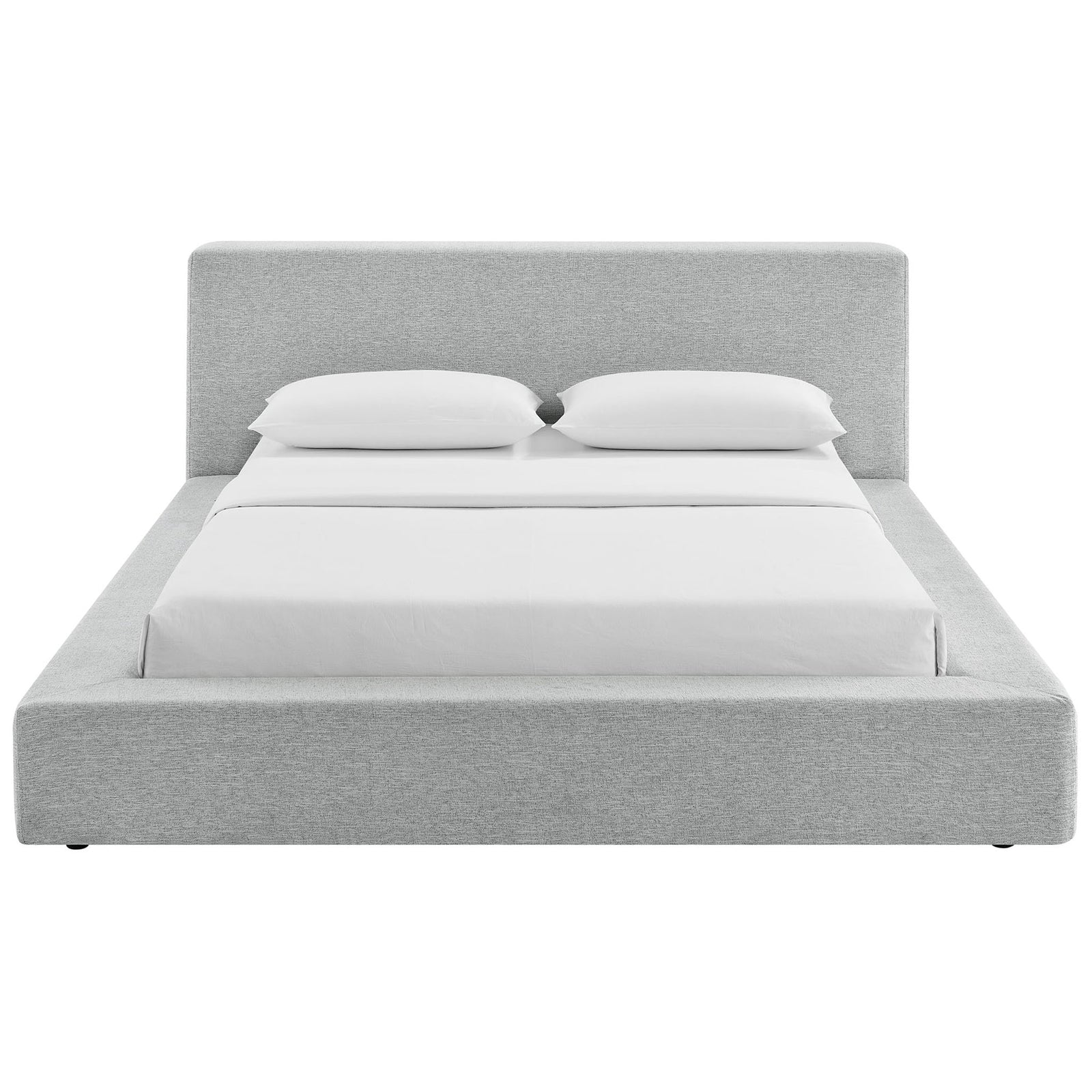 Modern chenille bed with plush headboard and wide padded base that frames the mattress. || MOD-7305-HLG || front_studio