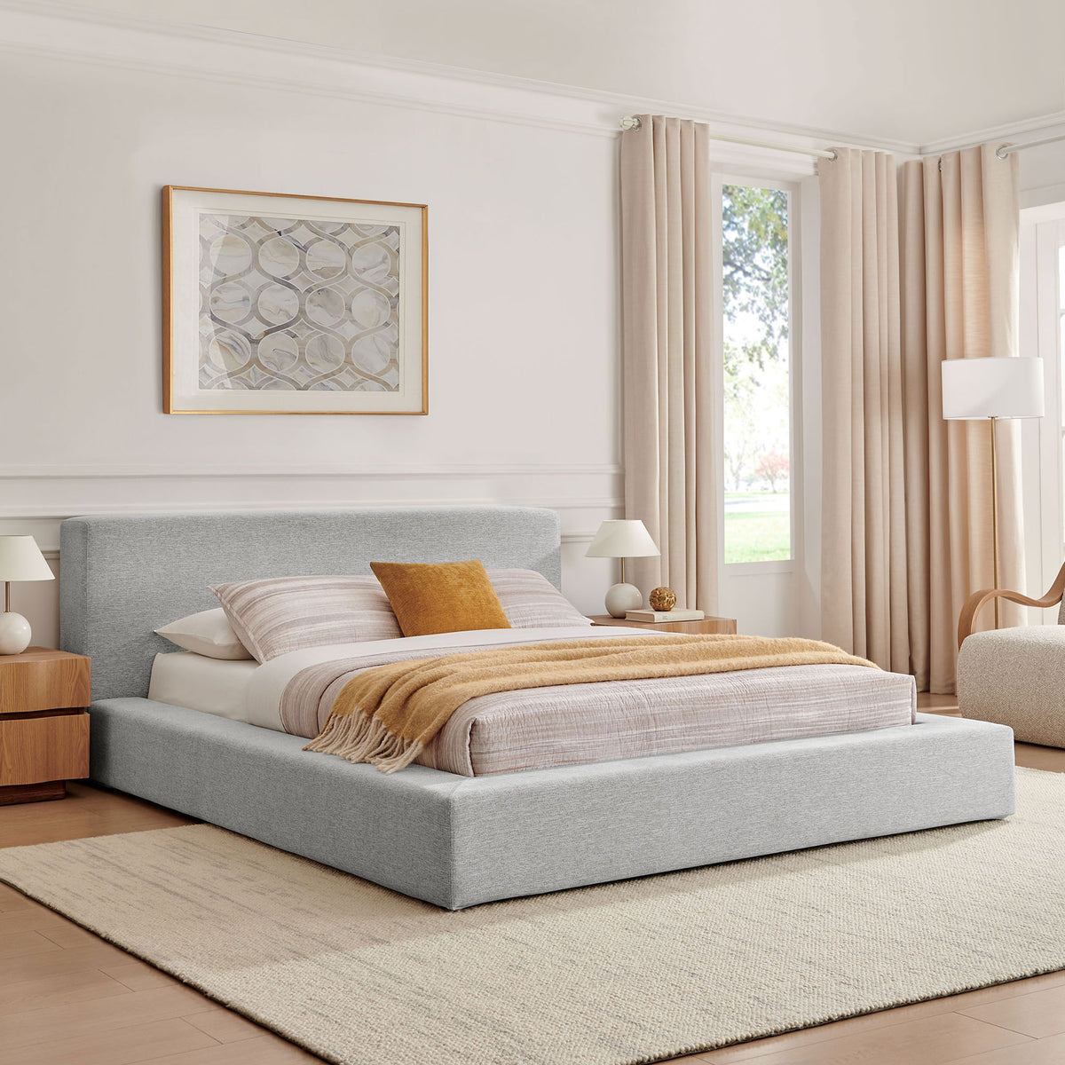 Inviting low-profile platform bed that anchors the room with its wrapped, cushioned frame. || MOD-7305-HLG || front_angle_room