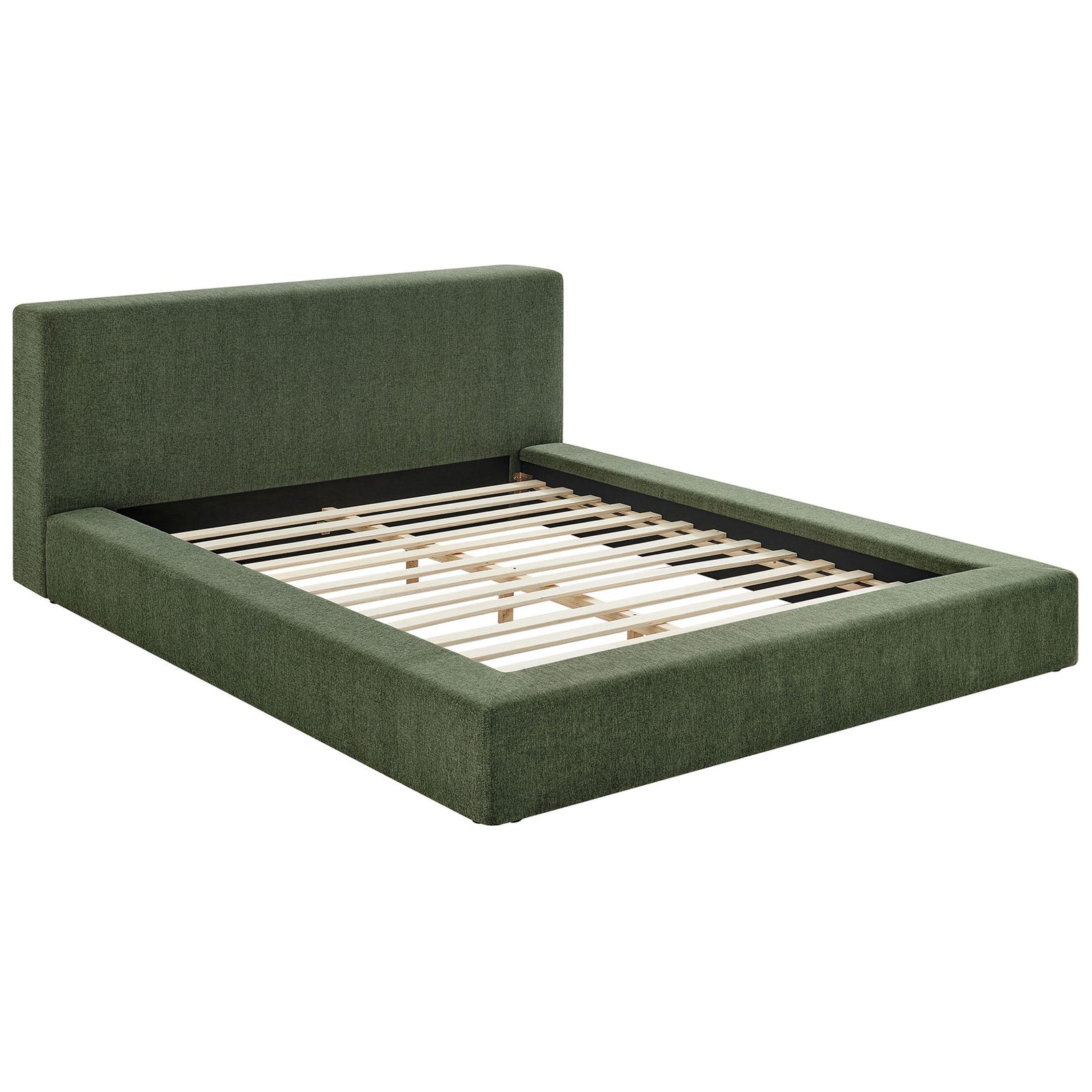 Low-profile chenille platform bed with padded rails and wood slat support in eucalyptus green || MOD-7307-EUC || front_angle_studio