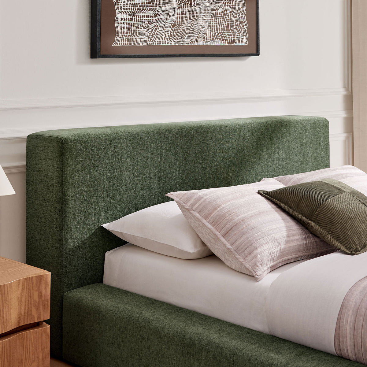 Textured chenille headboard in eucalyptus green adds soft comfort to the bedroom || MOD-7307-EUC || detail_room