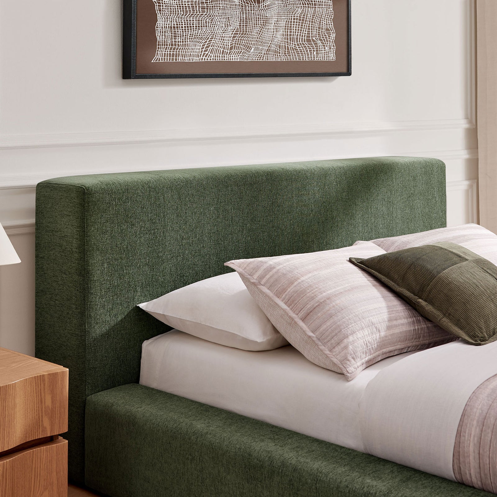 Textured chenille headboard in eucalyptus green adds soft comfort to the bedroom || MOD-7307-EUC || detail_room