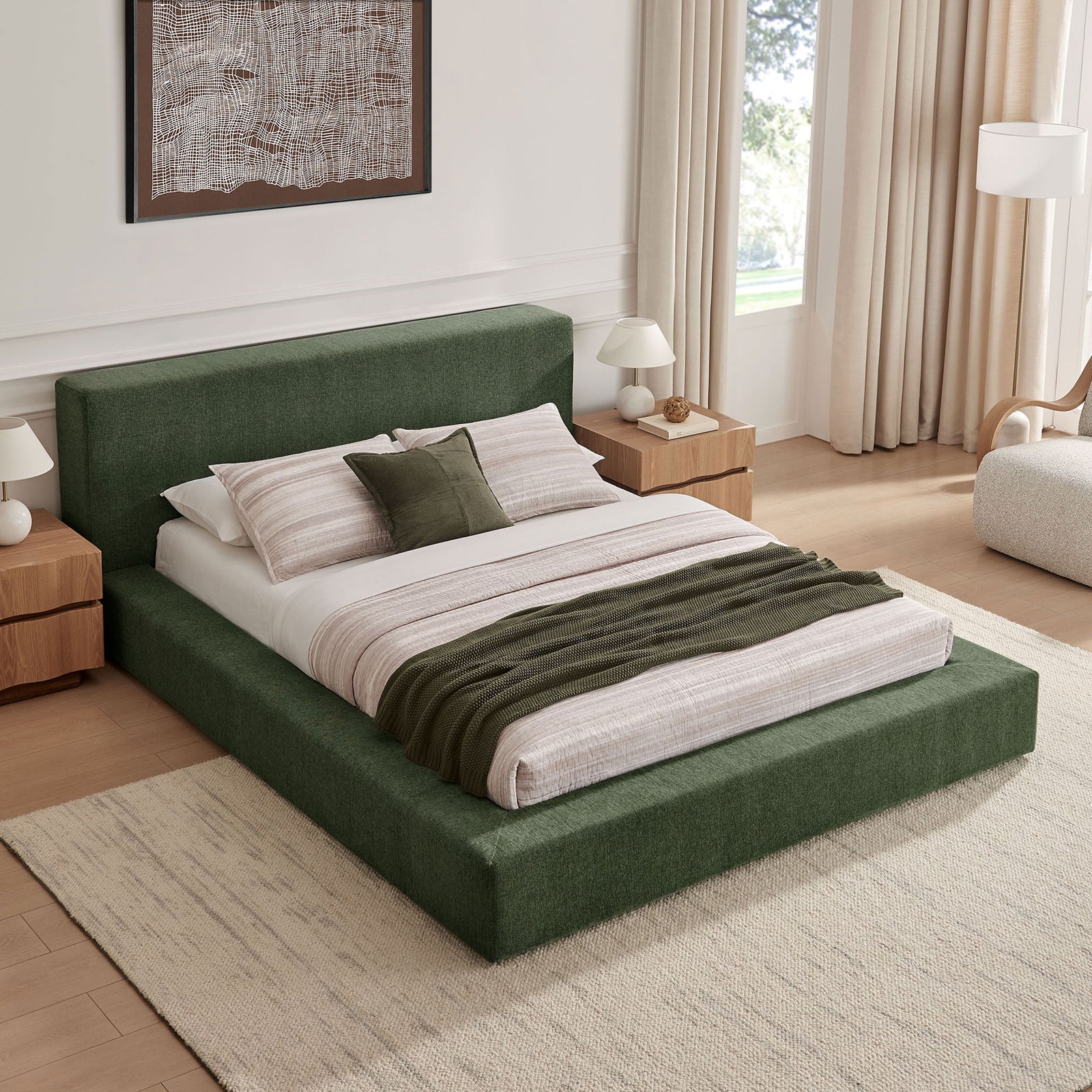 Elevated low-profile design wraps the mattress in a cushioned, built-in look || MOD-7307-EUC || front_angle_room