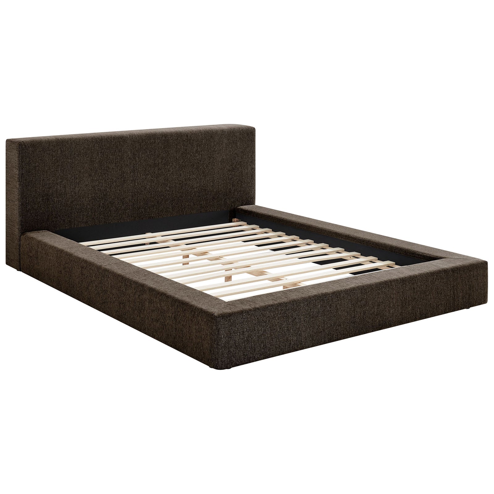 Low-profile chenille platform bed with padded rails and wood slat support in rich java || MOD-7307-JAV || front_angle_studio