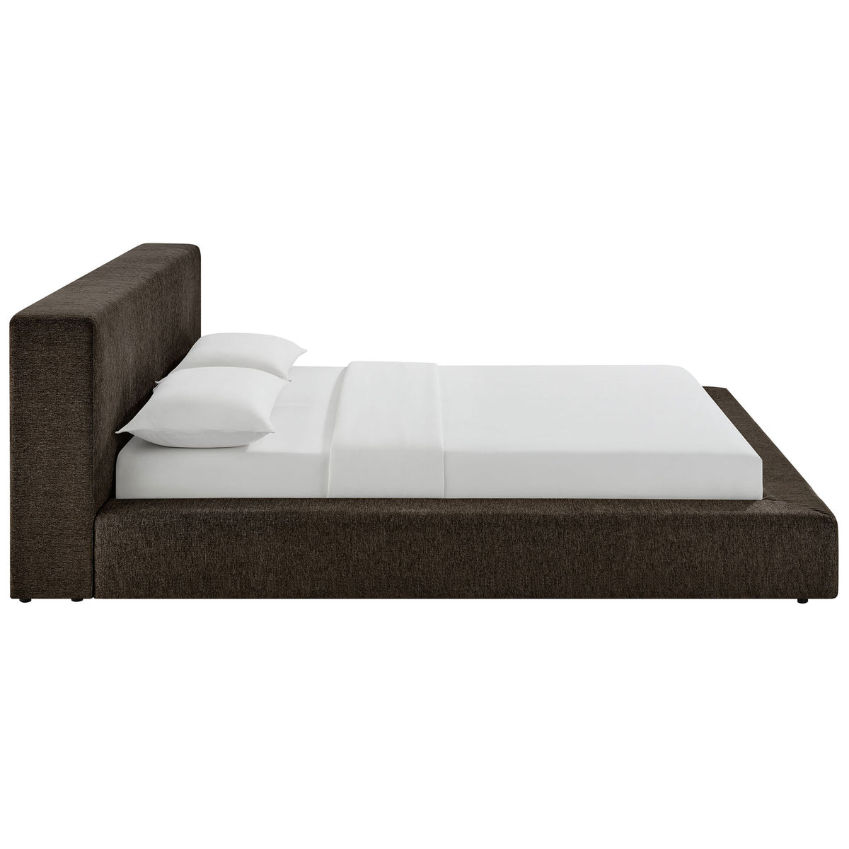 Sleek, floor-hugging bed frame with rounded corners and soft chenille upholstery || MOD-7307-JAV || side_studio