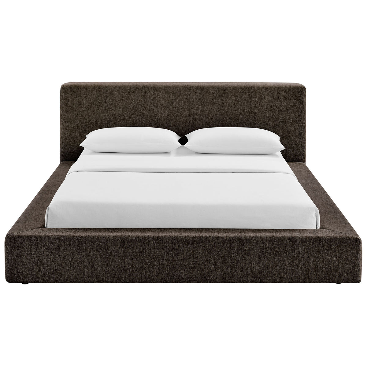 Modern upholstered platform bed with tall padded headboard and a seamless wraparound frame || MOD-7307-JAV || front_studio