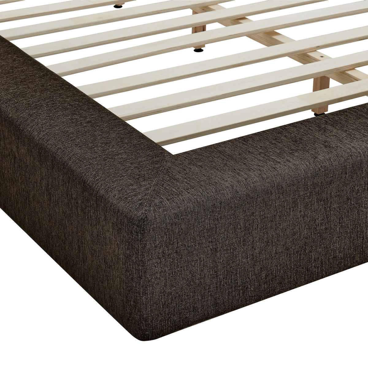 Textured java chenille and rounded corner on the padded platform frame with visible slat support || MOD-7307-JAV || detail_studio