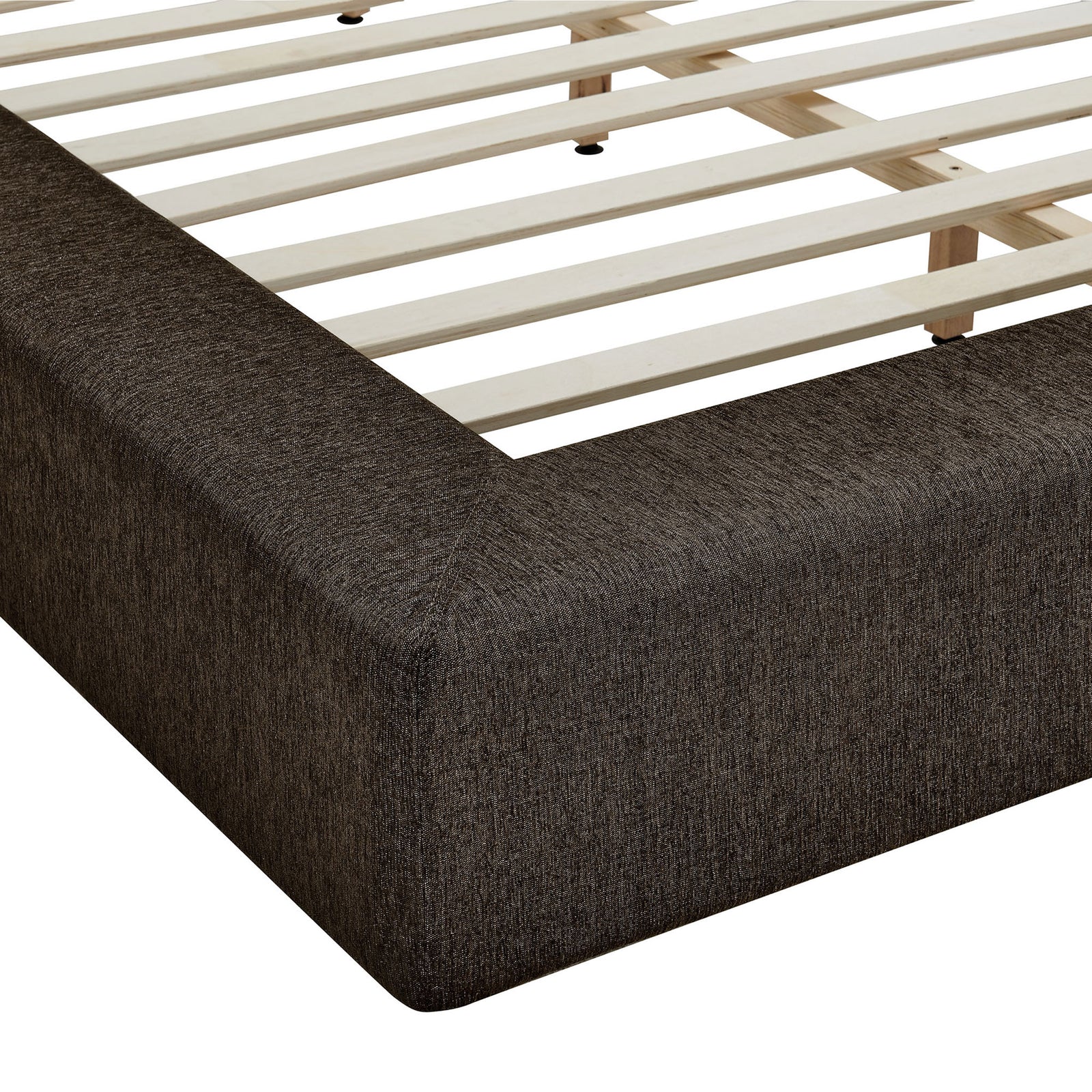Textured java chenille and rounded corner on the padded platform frame with visible slat support || MOD-7307-JAV || detail_studio