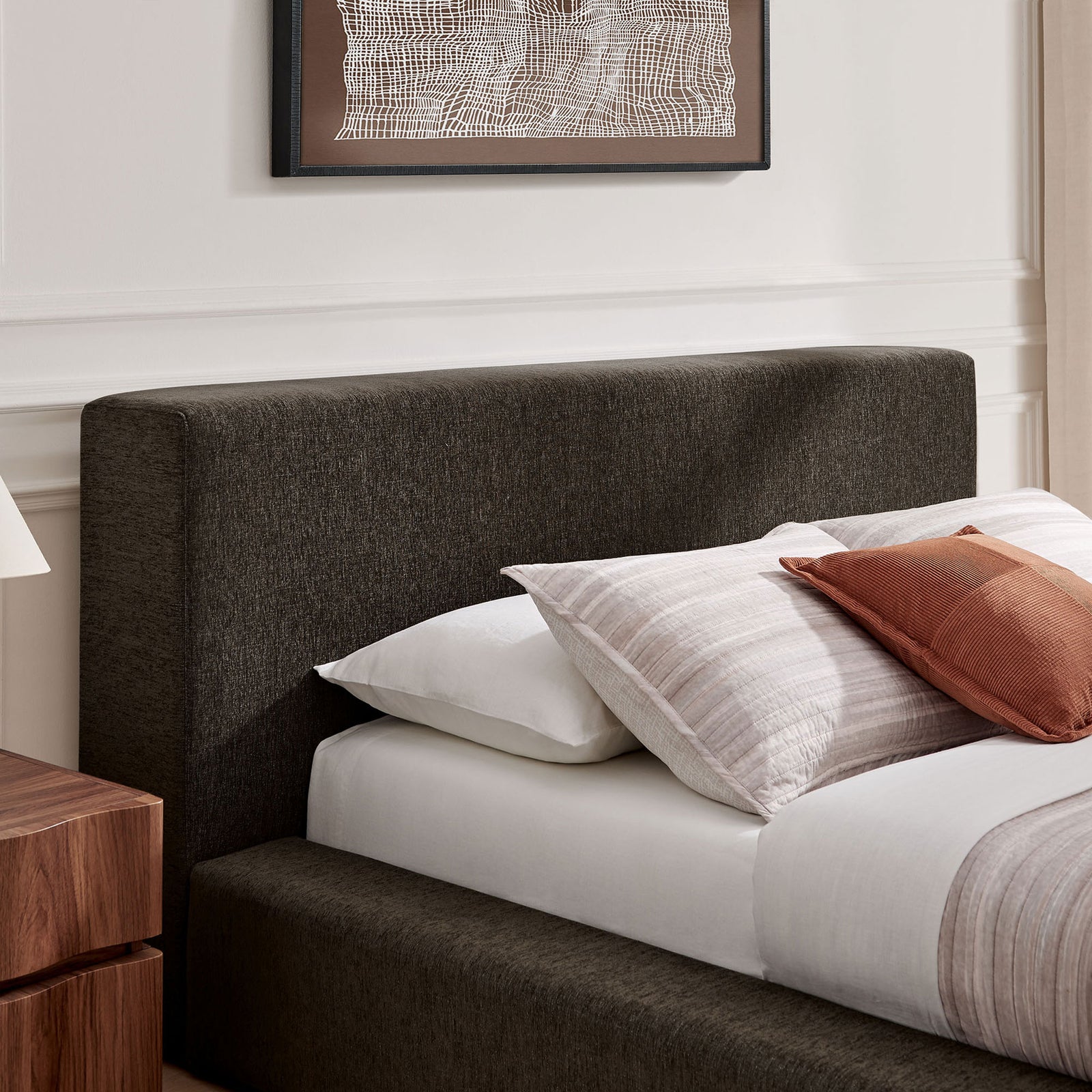 Cushioned headboard in soft java chenille with low, padded rails for a cozy modern look || MOD-7307-JAV || detail_room
