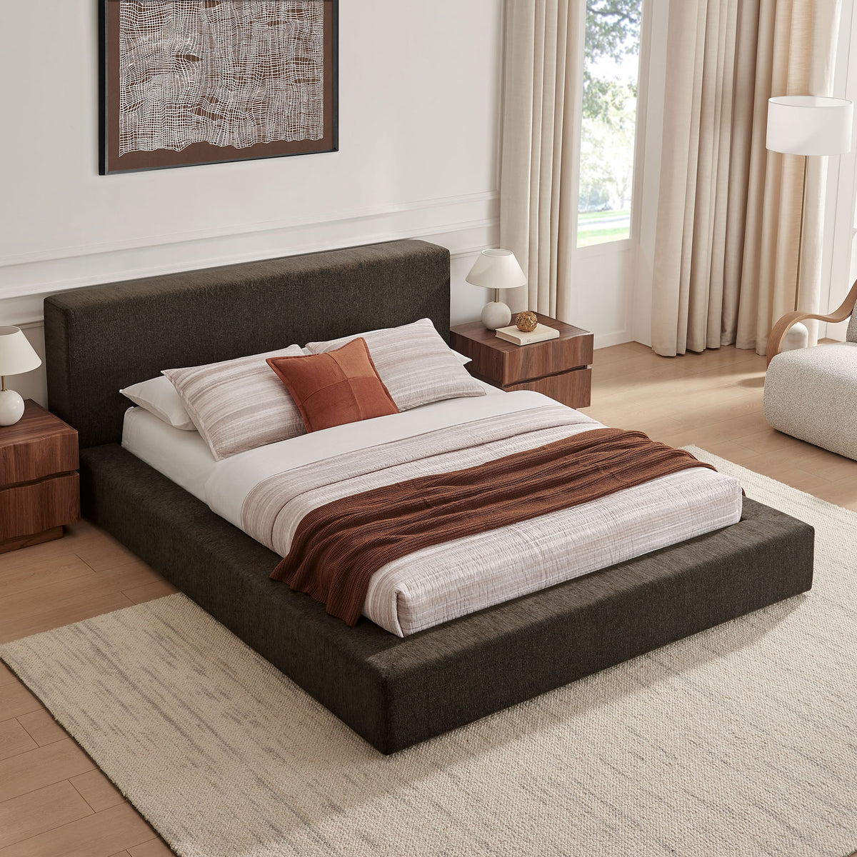 Generous platform silhouette with plush headboard and wide, padded perimeter in java chenille || MOD-7307-JAV || top_room