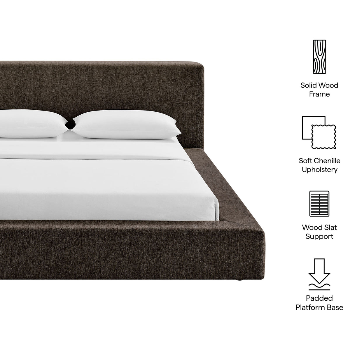 Upholstered platform bed with solid wood frame, soft chenille, supportive slats, and padded base || MOD-7307-JAV || callout_studio