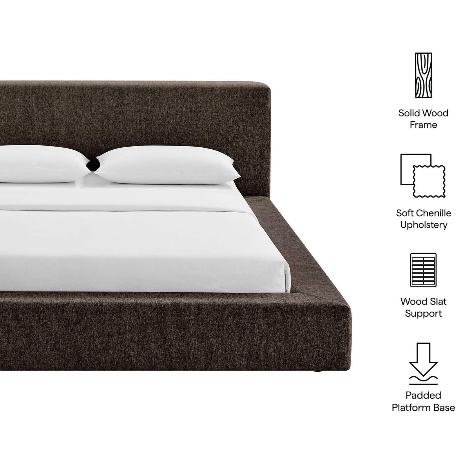Upholstered platform bed with solid wood frame, soft chenille, supportive slats, and padded base || MOD-7307-JAV || callout_studio