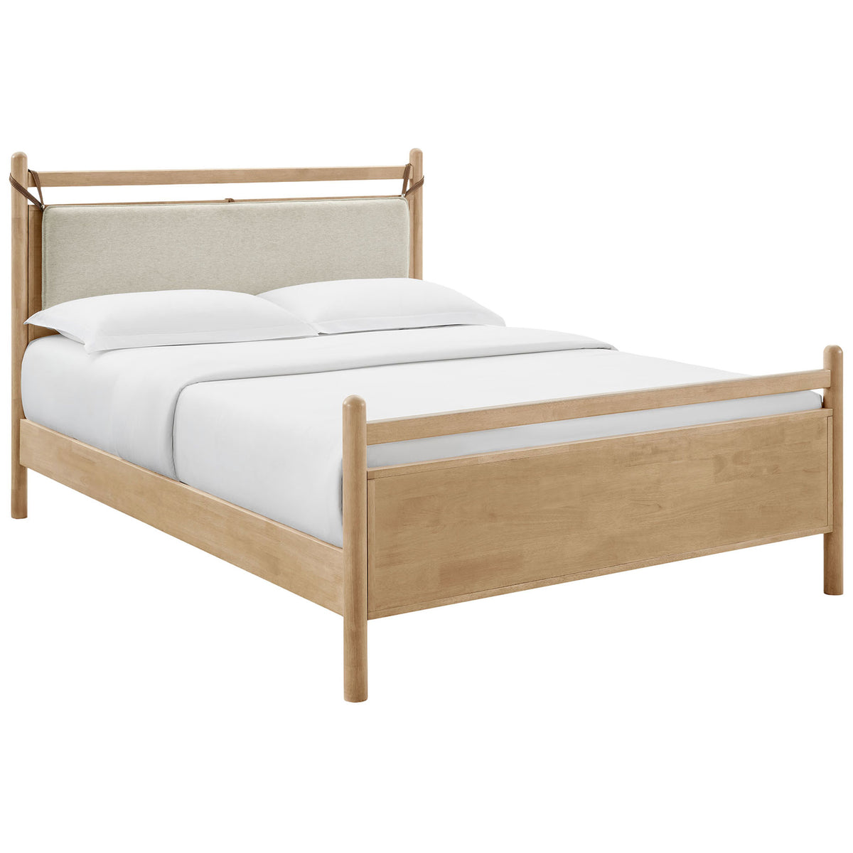 Minimalist light oak bed frame with cushioned pillow headboard and rounded posts || MOD-7313-LOA-HEI || front_angle_studio