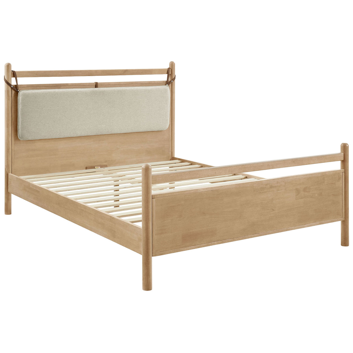 Solid wood platform bed with slat support and a pillowed headboard on faux leather straps || MOD-7313-LOA-HEI || front_angle_studio