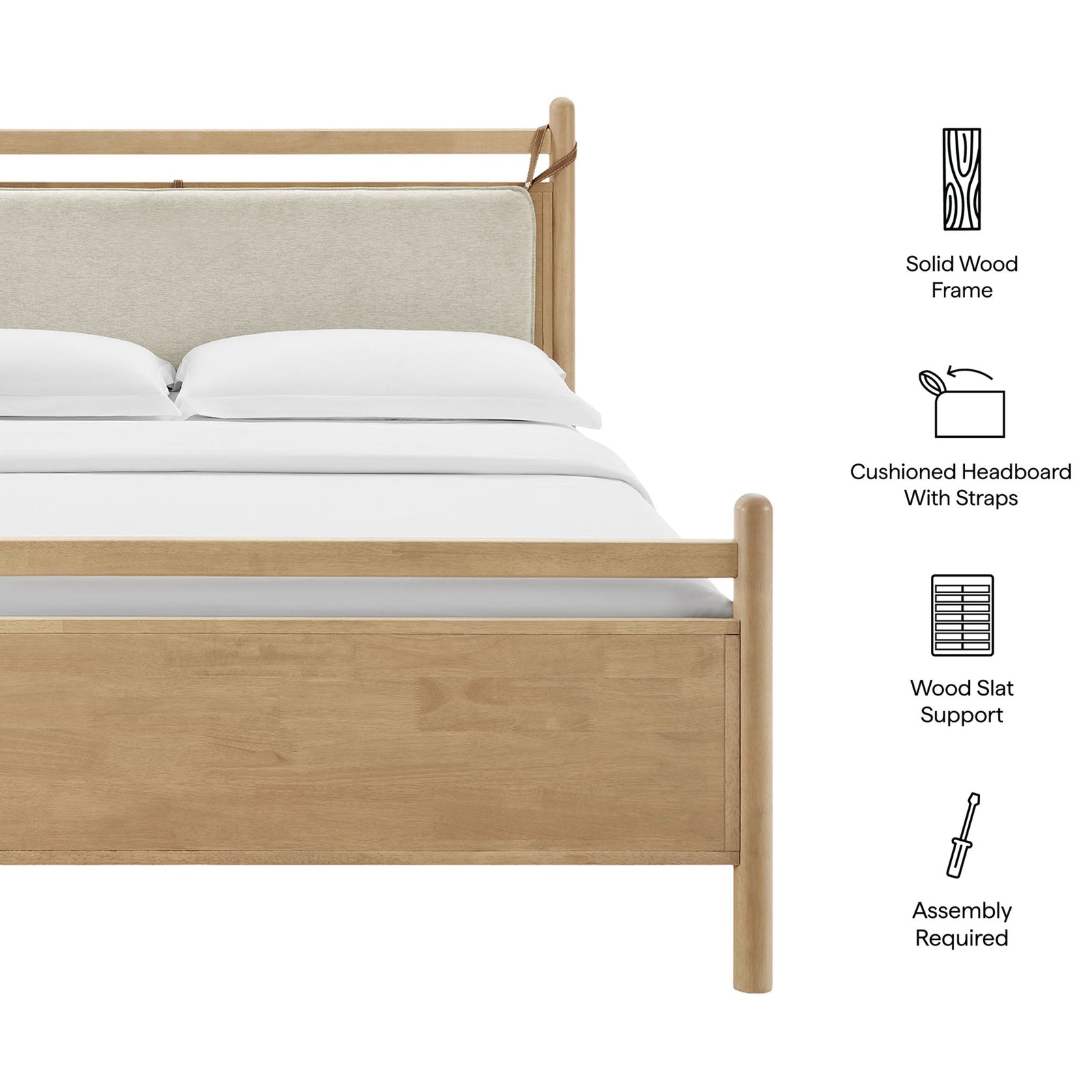 Solid wood frame, cushioned headboard with straps, and wood slat support || MOD-7313-LOA-HEI || callout_studio