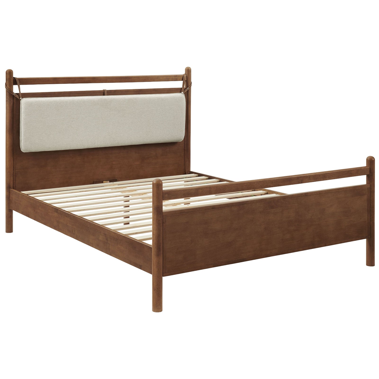 Sturdy slatted platform bed with upholstered headboard and faux leather strap accents || MOD-7313-WAL-HEI || front_angle_studio