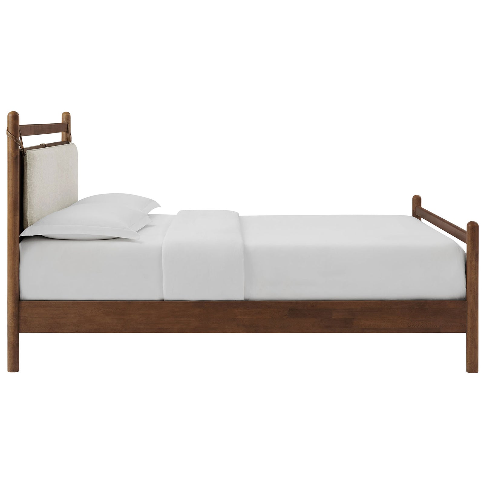 Streamlined wood bed frame with rounded rails and supportive slat foundation || MOD-7313-WAL-HEI || side_studio