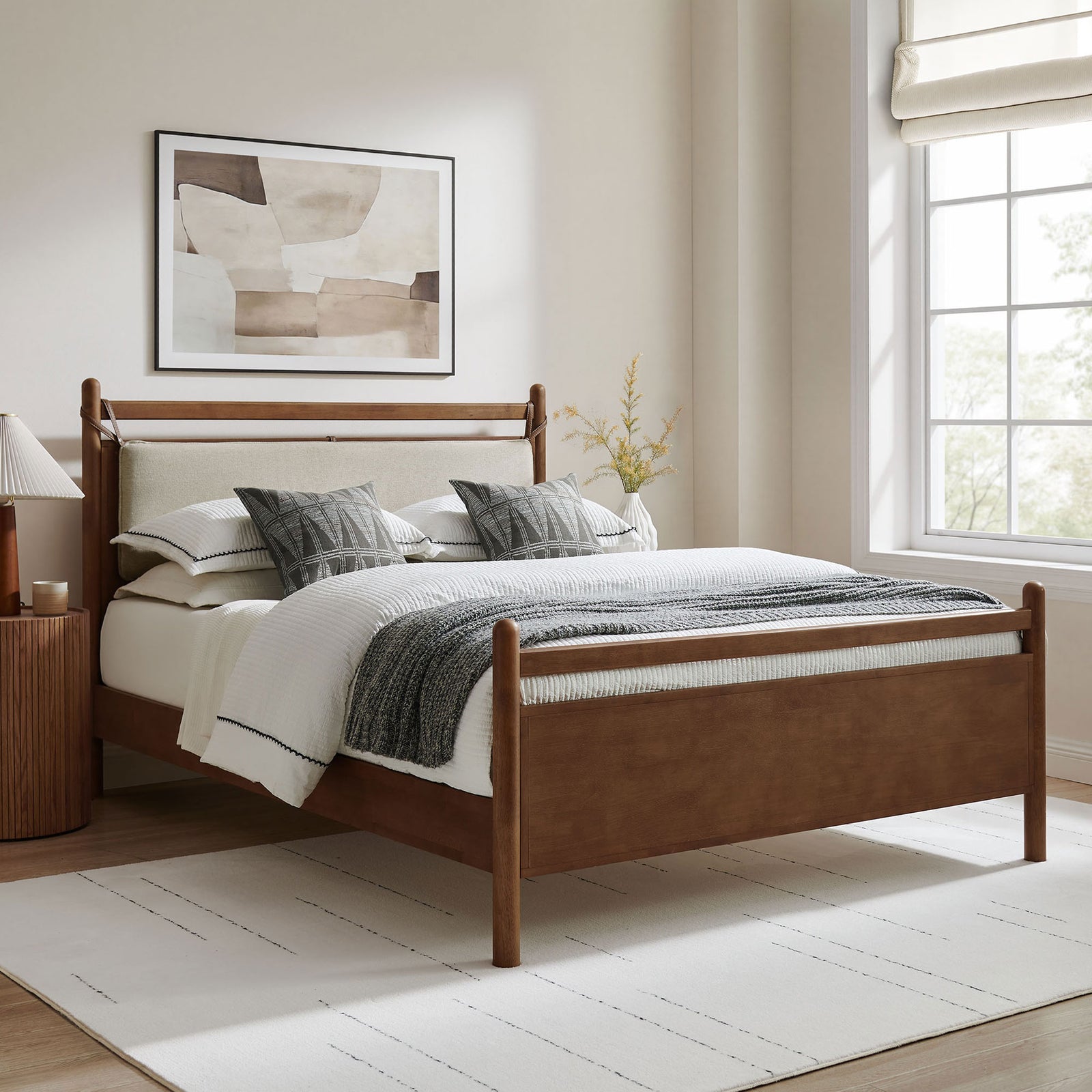Inviting walnut bed styled with layered bedding and a soft upholstered headboard || MOD-7313-WAL-HEI || front_angle_room