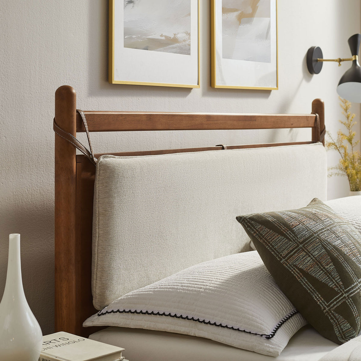 Cozy cushioned headboard resting against a smooth solid wood frame || MOD-7313-WAL-HEI || detail_room
