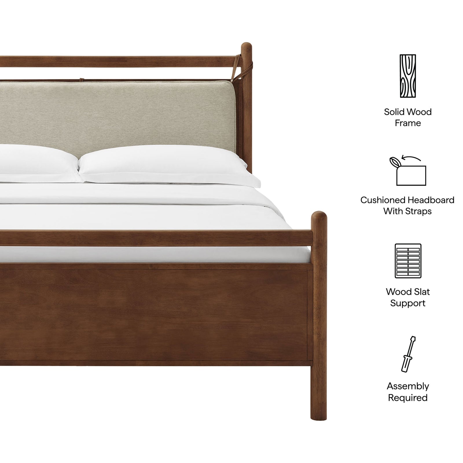 Key features include solid wood frame, cushioned headboard with straps, and slat support || MOD-7313-WAL-HEI || callout_studio