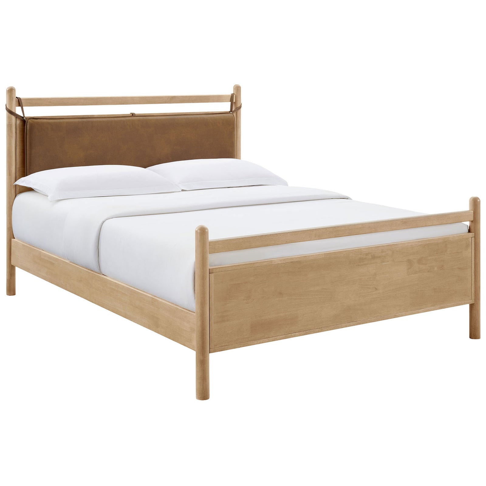 Light oak platform bed with faux leather pillow headboard and rounded posts || MOD-7314-LOA-CYN || front_angle_studio