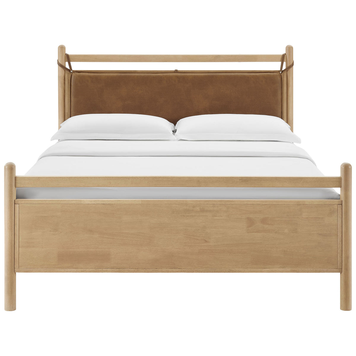 Minimalist platform bed in light oak with cushioned strap-held headboard || MOD-7314-LOA-CYN || front_studio