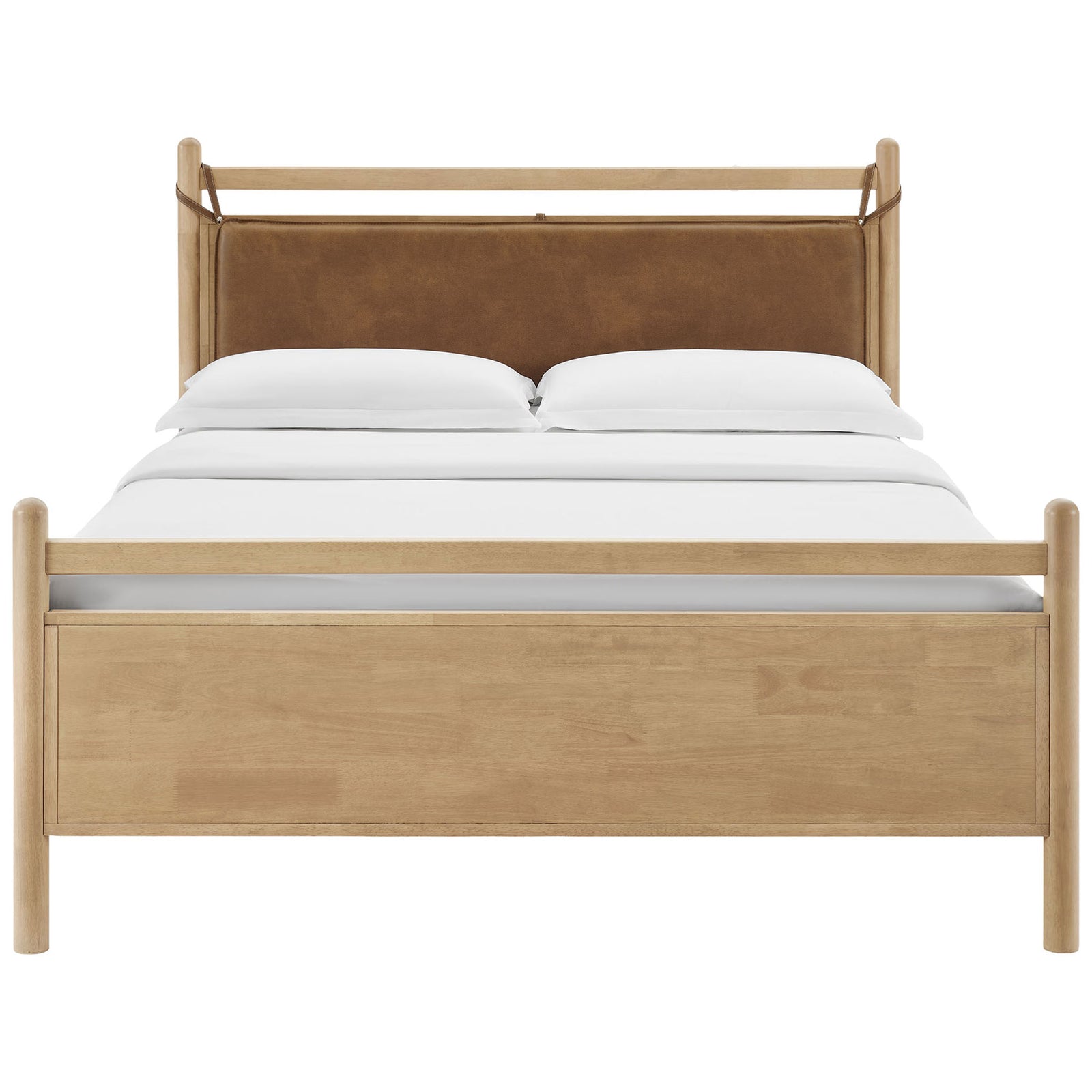 Minimalist platform bed in light oak with cushioned strap-held headboard || MOD-7314-LOA-CYN || front_studio