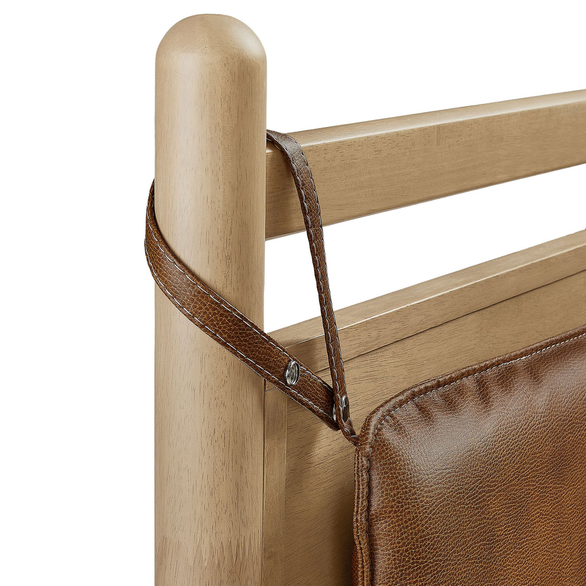 Strap-secured faux leather pillow headboard on rounded wood post || MOD-7314-LOA-CYN || detail_studio