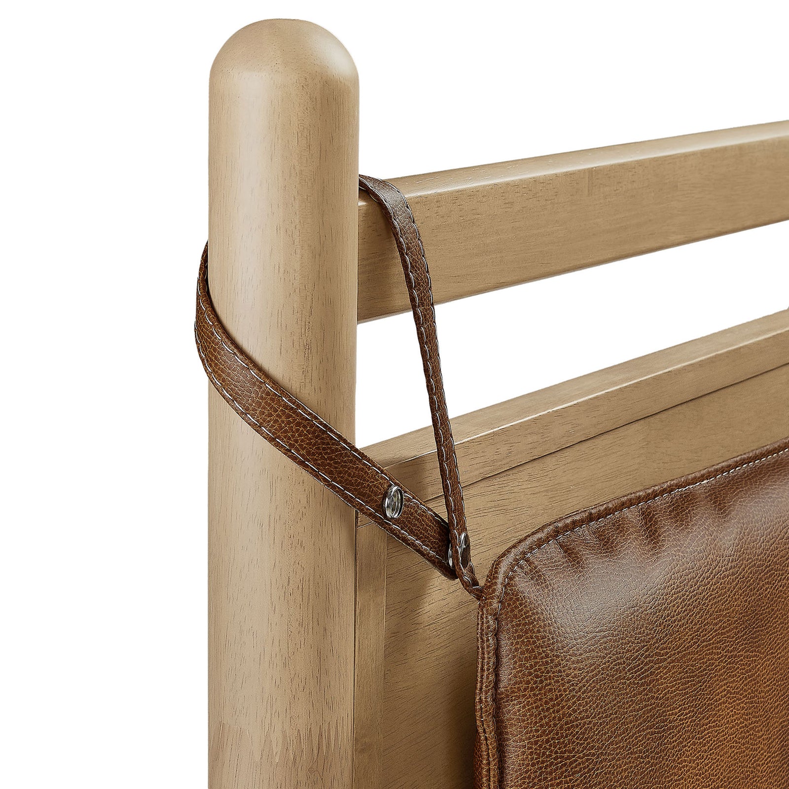 Strap-secured faux leather pillow headboard on rounded wood post || MOD-7314-LOA-CYN || detail_studio