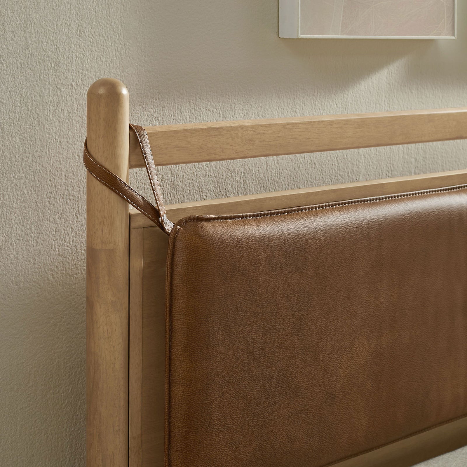 Faux leather pillow headboard with stitched detailing and adjustable straps || MOD-7314-LOA-CYN || detail_room