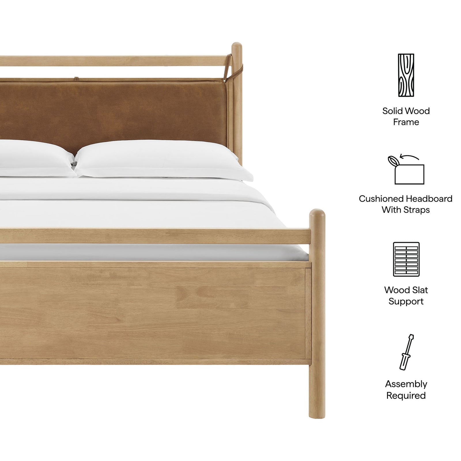 Solid wood frame, cushioned headboard with straps, and wood slat support || MOD-7314-LOA-CYN || callout_studio