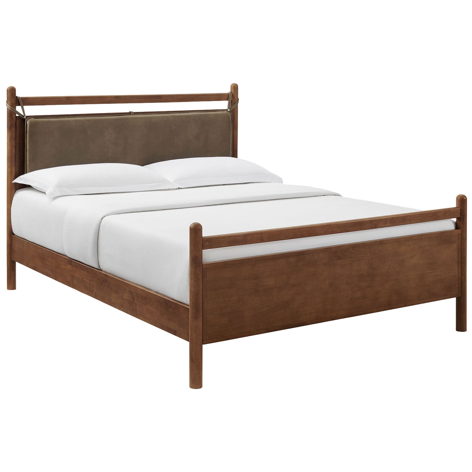 Streamlined wood frame pairs with a cushioned vegan leather headboard for cozy, modern comfort || MOD-7314-WAL-MUS || front_angle_studio