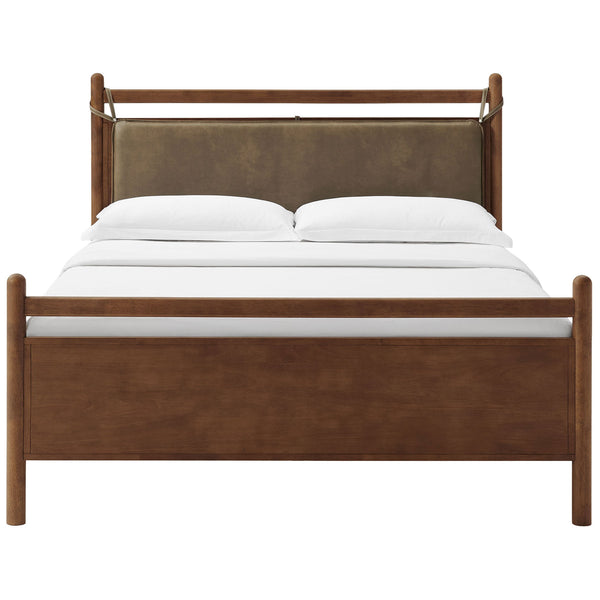 Walnut wood platform bed with strap-hung vegan leather headboard and rounded posts || MOD-7314-WAL-MUS || front_studio