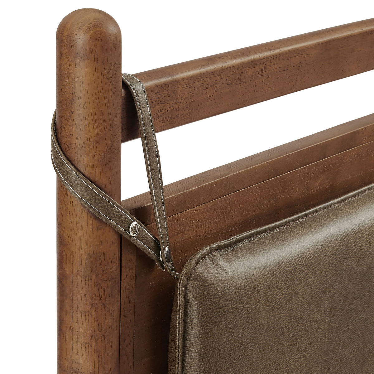 Vegan leather straps secure the padded headboard cushion with neat topstitching || MOD-7314-WAL-MUS || detail_studio