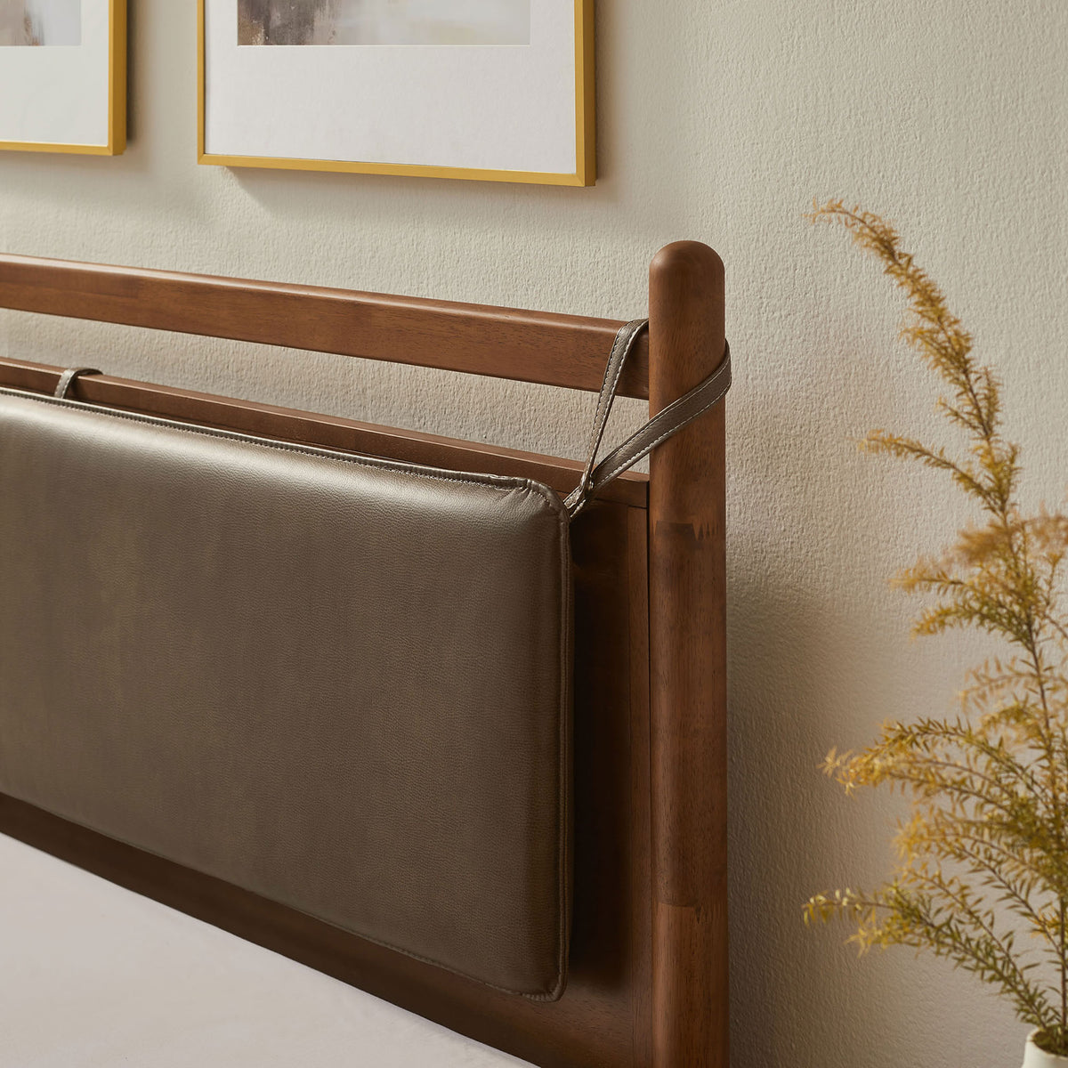 Plush vegan leather headboard pillow adds soft support and elevates the wood frame || MOD-7314-WAL-MUS || detail_room