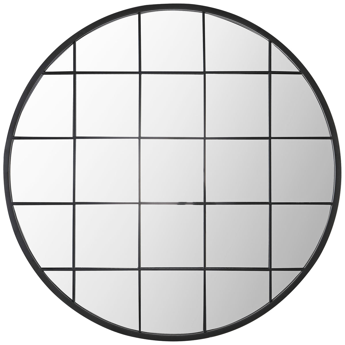 Round mirror with a black frame and geometric grid overlay || MRR1038A || front_studio