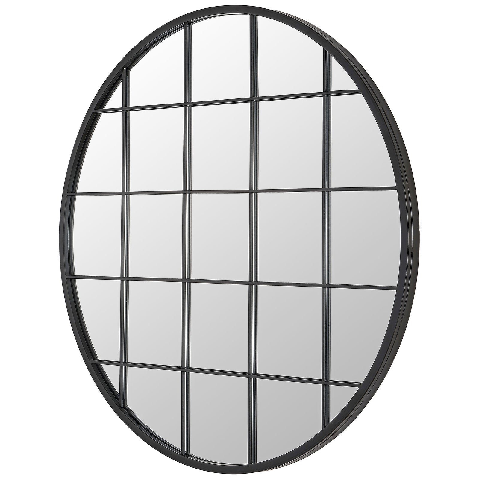 Slim black frame and grid overlay give the round mirror dimensional depth || MRR1038A || front_angle_studio