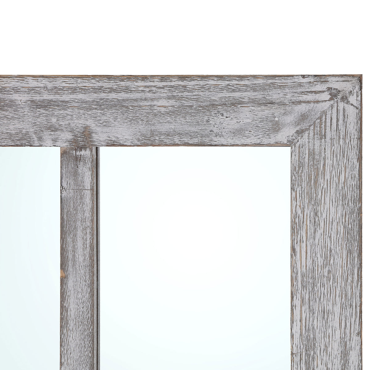 Distressed gray wood grain gives the windowpane mirror a rustic finish