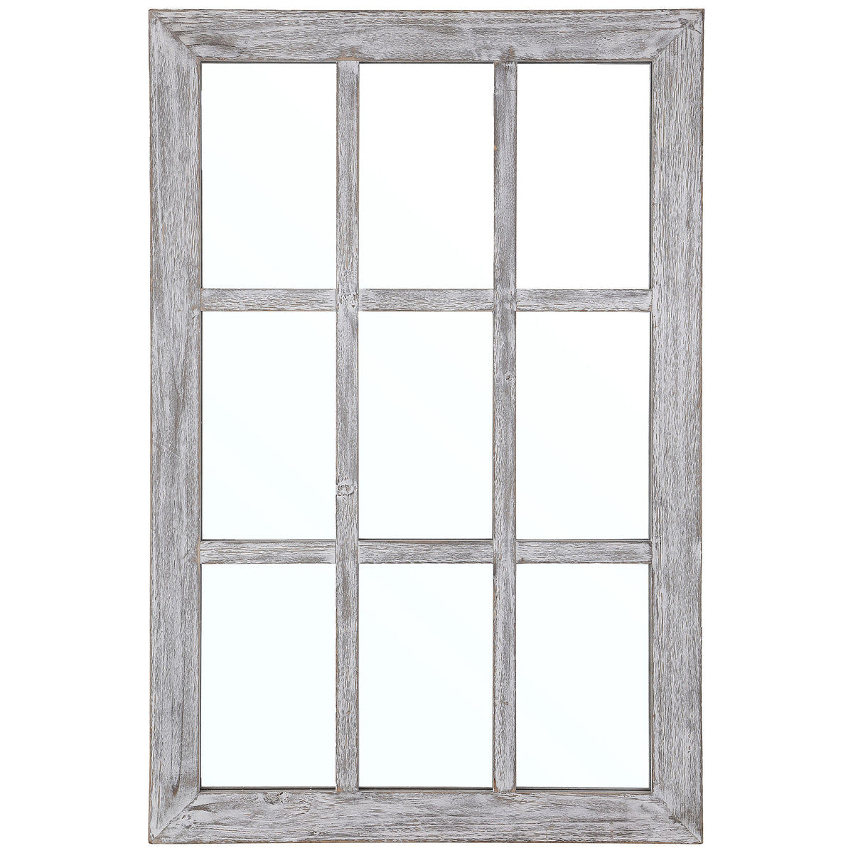 Nine mirrored panes in a weathered gray wood frame evoke a farmhouse window || MRR1039A || front_studio