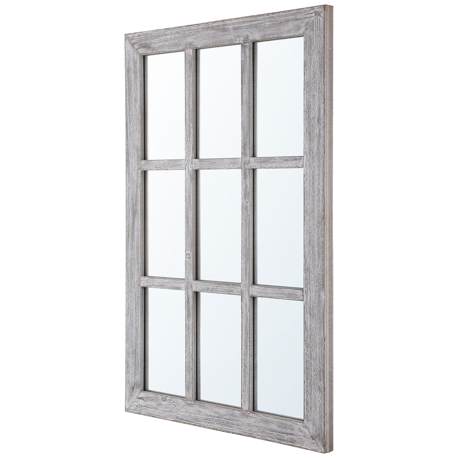 A slim, distressed gray wood frame surrounds nine mirrored panes || MRR1039A || front_angle_studio