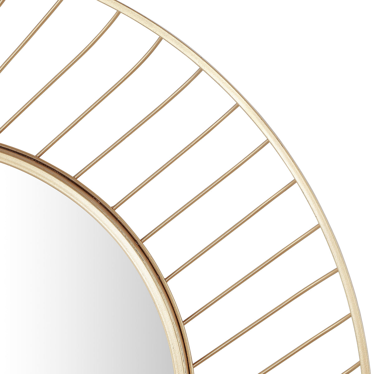 Fine gold rods and textured circular rims add intricate detail to the openwork mirror frame
