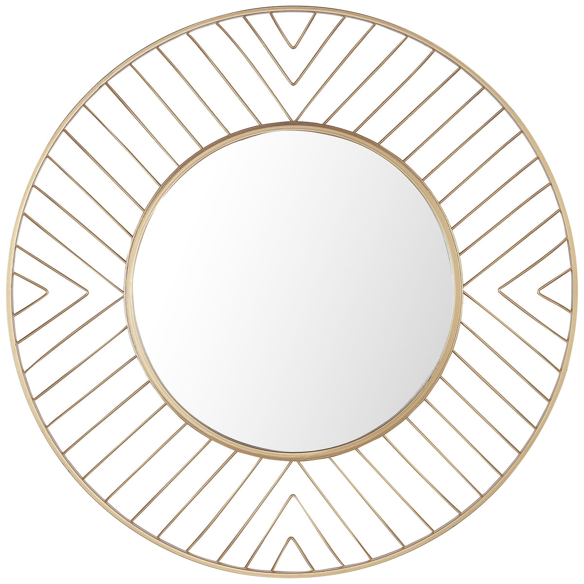 Round wall mirror with a gold openwork frame and repeating geometric chevrons || MRR1046A || front_studio