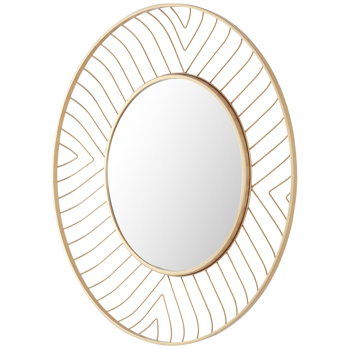 Curved gold rims and slender metal lines give the round mirror airy dimension