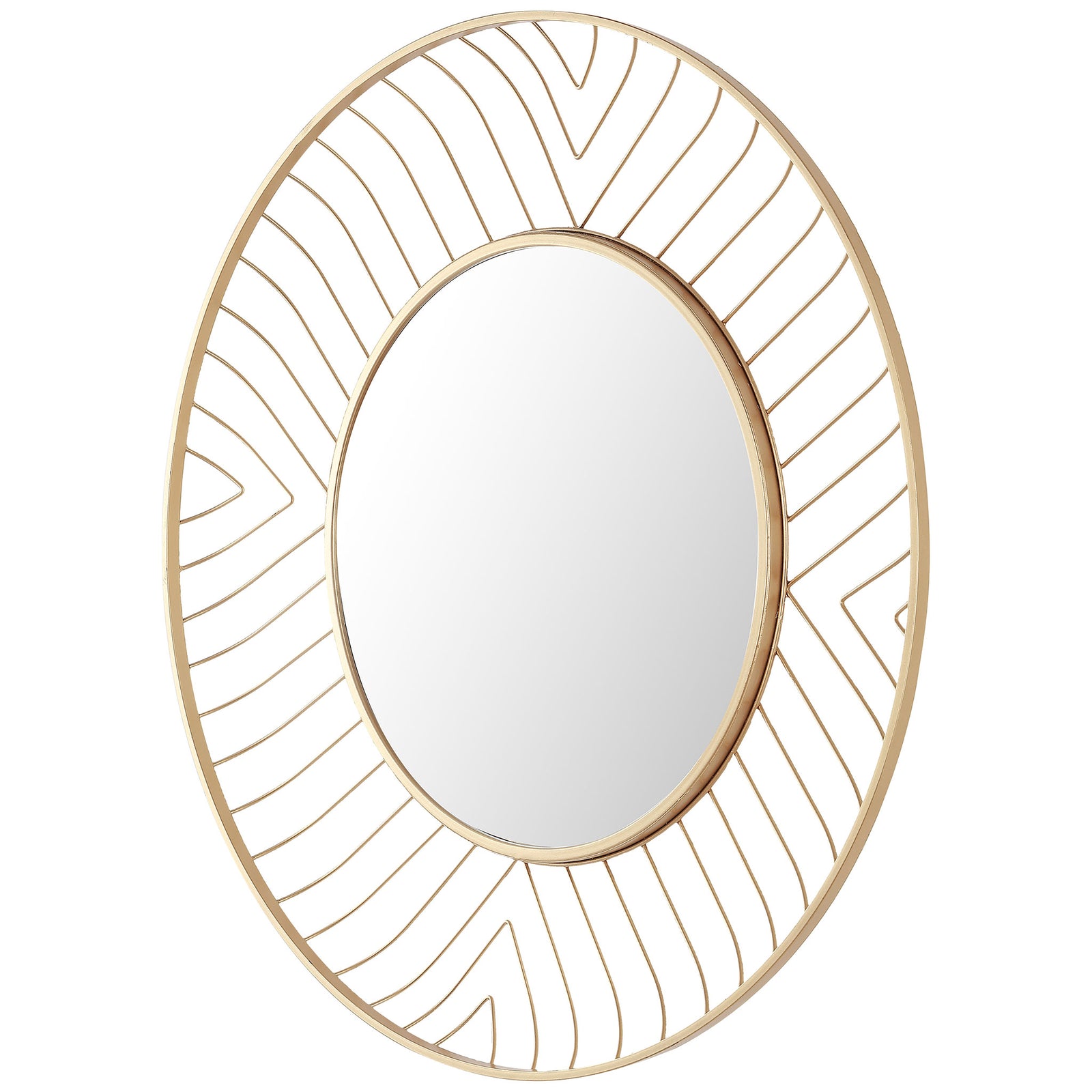 Curved gold rims and slender metal lines give the round mirror airy dimension || MRR1046A || front_angle_studio