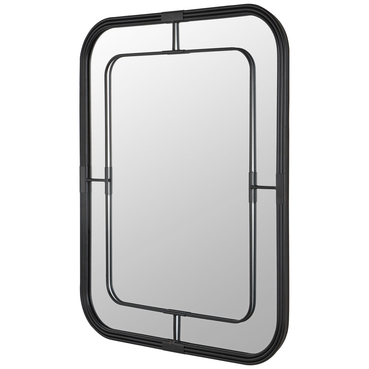 Slender supports connect the inner mirror to its rounded black outer frame for an airy look. || MRR1049A || front_angle_studio