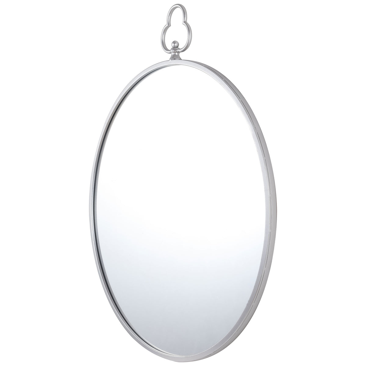 A narrow silver rim gives the round mirror a refined profile beneath its trefoil crest || MRR1050A || front_angle_studio
