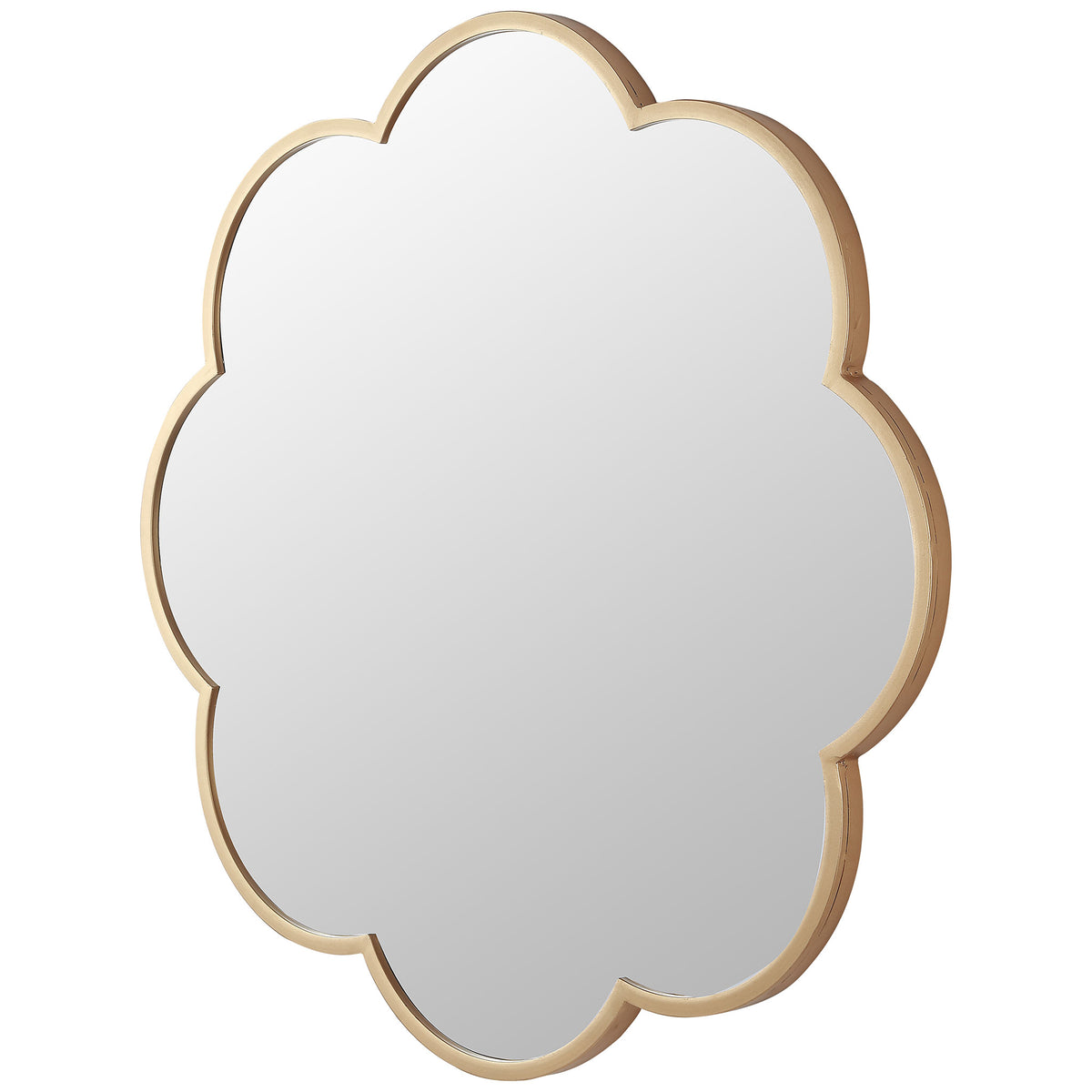 A slender gold frame lends depth to the mirror's flower-inspired silhouette || MRR1052A || front_angle_studio
