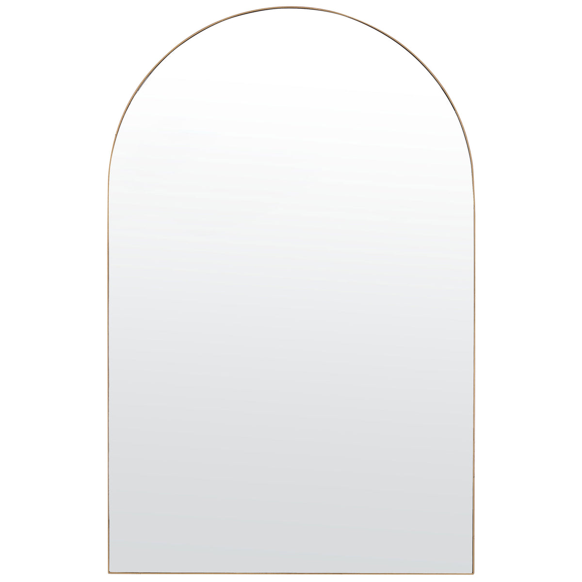A slim gold frame outlines a tall mirror with clean lines and a softly rounded top || MRR1055A || front_studio